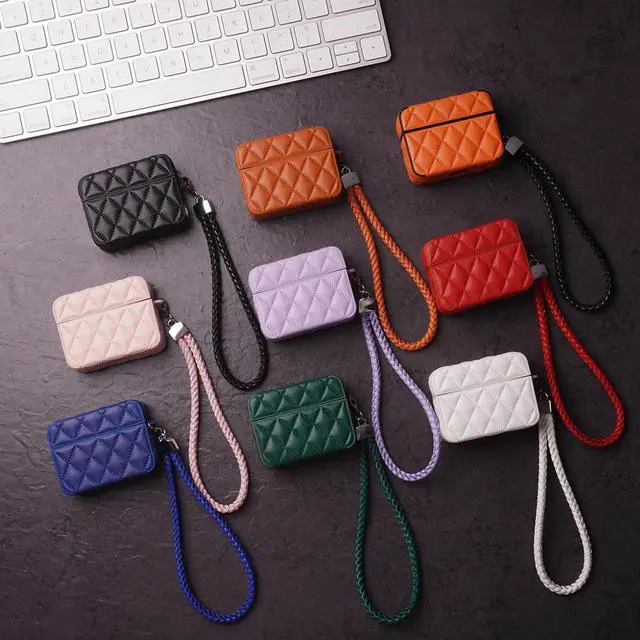 Alt view image 2 of 7 - Earphone Case for AirPods 1/2, Elegant Classical Diamond PU Leather Surface Earphone Case Soft Silicone Case, AirPods 1/2 Cover Protective Case Skin Protector for Earbuds +Lanyard-Purple