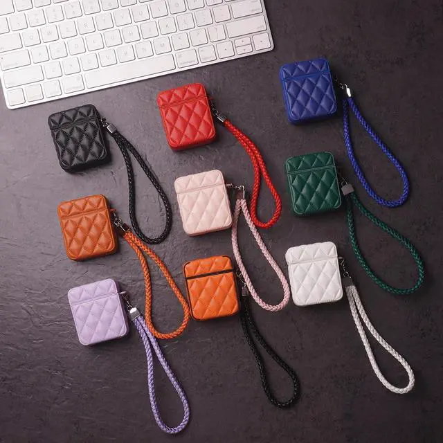 Alt view image 3 of 7 - Earphone Case for AirPods 1/2, Elegant Classical Diamond PU Leather Surface Earphone Case Soft Silicone Case, AirPods 1/2 Cover Protective Case Skin Protector for Earbuds +Lanyard-Purple