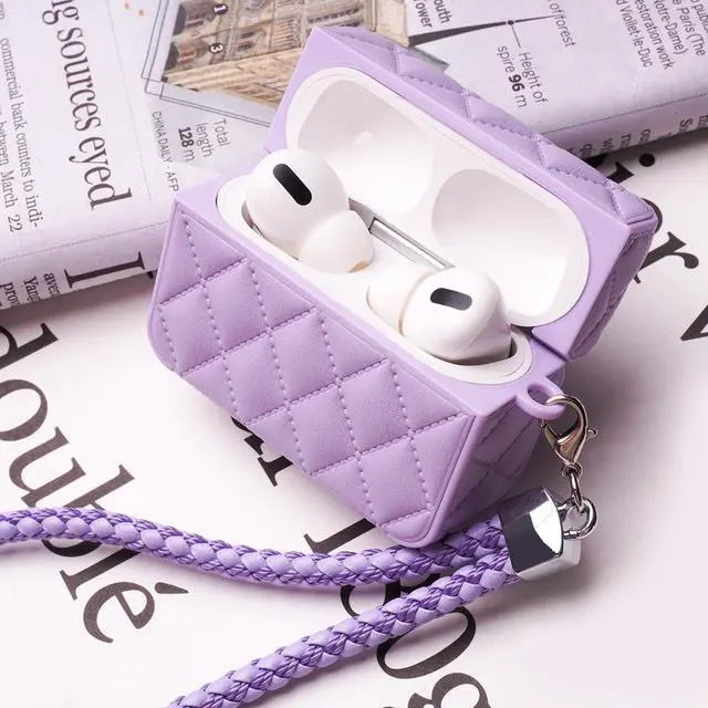 Alt view image 5 of 7 - Earphone Case for AirPods 1/2, Elegant Classical Diamond PU Leather Surface Earphone Case Soft Silicone Case, AirPods 1/2 Cover Protective Case Skin Protector for Earbuds +Lanyard-Purple