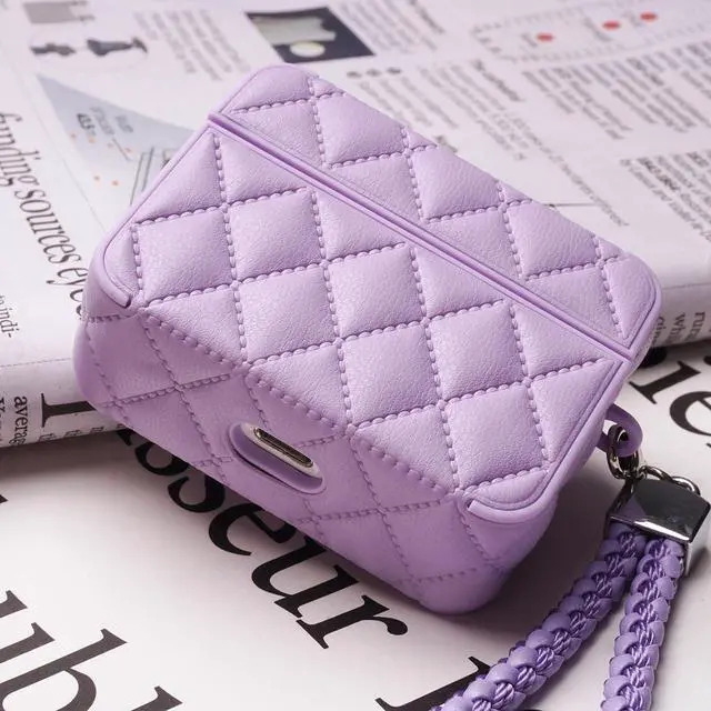 Alt view image 4 of 7 - Earphone Case for AirPods 1/2, Elegant Classical Diamond PU Leather Surface Earphone Case Soft Silicone Case, AirPods 1/2 Cover Protective Case Skin Protector for Earbuds +Lanyard-Purple