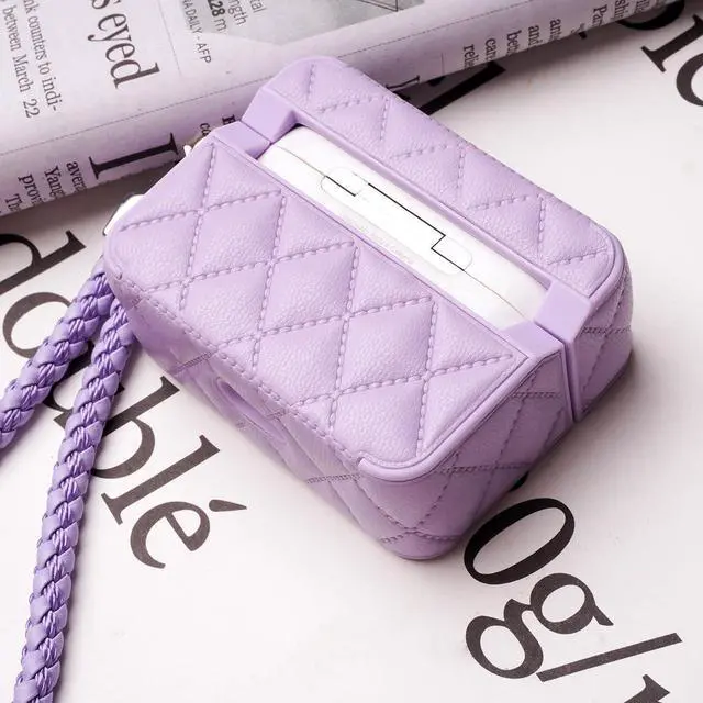 Alt view image 7 of 7 - Earphone Case for AirPods 1/2, Elegant Classical Diamond PU Leather Surface Earphone Case Soft Silicone Case, AirPods 1/2 Cover Protective Case Skin Protector for Earbuds +Lanyard-Purple