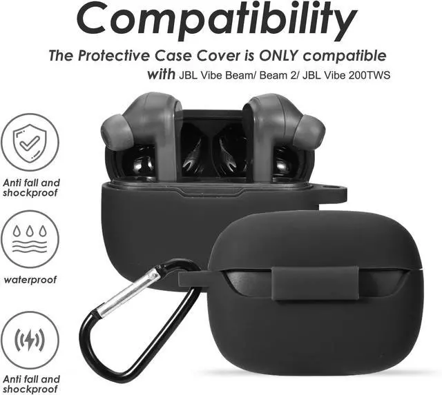 Alt view image 5 of 6 - Silicone Case for JBL Vibe Beam 2, JBL Vibe Beam, JBL Vibe 200TWS True Wireless Headphones, Premium Shockproof Case Cover with Carabiner.(Black)