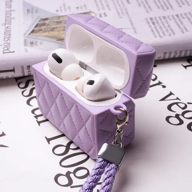 Alt view image 6 of 7 - Earphone Case for AirPods 1/2, Elegant Classical Diamond PU Leather Surface Earphone Case Soft Silicone Case, AirPods 1/2 Cover Protective Case Skin Protector for Earbuds +Lanyard-Purple