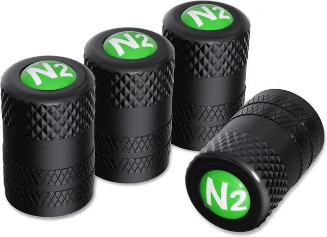 Main image of CKAuto Tire Valve Stem Caps, Aluminum Black with N2 Nitrogen Logo, 4 pcs | Corrosion Resistant, Universal Stem Covers for Cars Trucks Motorcycles SUVs and Bikes