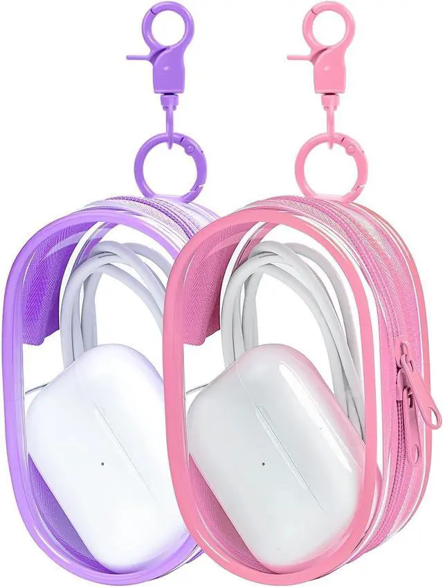 Main image of Linsaner 2 Pack Transparent Tech Pouch Storage Bags, Pink + Purple | Cable Organizer, Earphone Storage, Charger Holder, Key, Coin, Blind Box Doll Display Bag