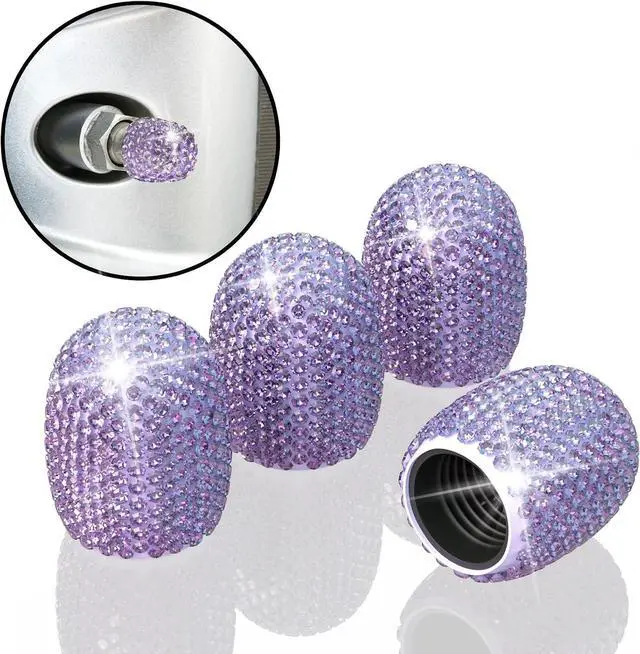 Main image of 4Pcs Car Tire Valve Stem Caps Purple Bling Tire Air Cap Car Accessories | Universal Stem Covers, Plastic Liner Corrosion Resistant Tires Valve Cap with O Rubber Ring,Crystal Diamond
