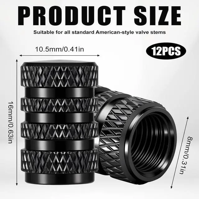 Alt view image 4 of 7 - Tire Valve Stem Caps, Black Anodized Aluminum, 12PCS/Pack, Corrosion Resistant Anti-Rust, Universal Tire Valve Covers for Cars, Trucks, SUVs, Motorcycles and Bikes