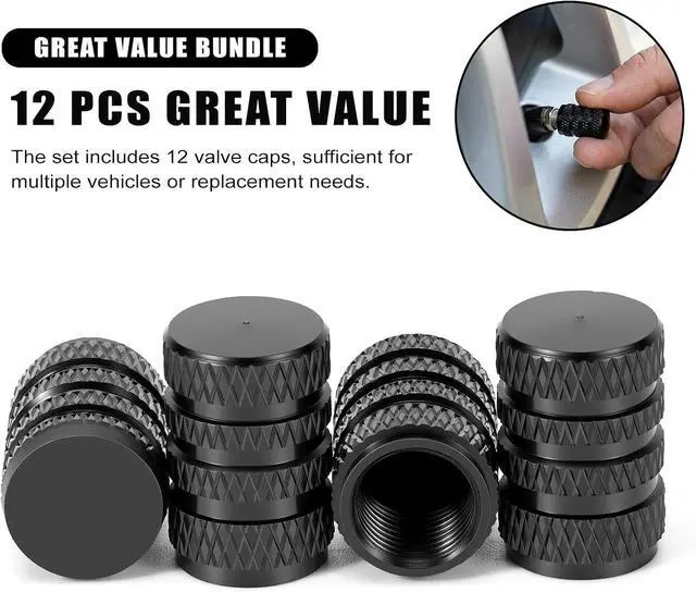 Alt view image 6 of 7 - Tire Valve Stem Caps, Black Anodized Aluminum, 12PCS/Pack, Corrosion Resistant Anti-Rust, Universal Tire Valve Covers for Cars, Trucks, SUVs, Motorcycles and Bikes
