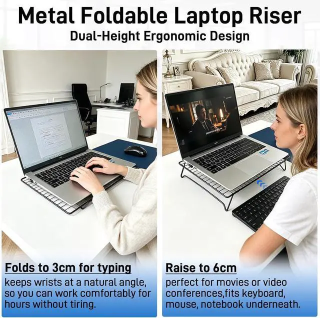 Alt view image 5 of 7 - Adjustable Laptop Stand for Desk with Mouse Pad, Ergonomic Metal Foldable Laptop Riser with 3cm/6cm Height, Ventilated Cooling Computer Stand for 10-16 Inch Laptops