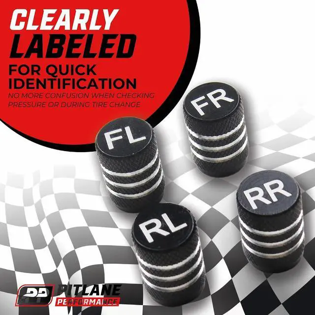 Alt view image 2 of 7 - Tire Valve Stem Caps Set of 8 Laser-Engraved Aluminum Car Tire Caps | Labeled (FR FL RR RL) Caps with Plastic Liner Anti-Corrosion | Schrader Valve Stem Covers Cars Trucks Bikes