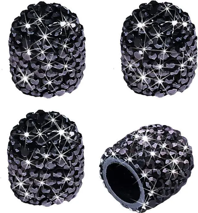 Main image of Valve Stem Caps, 4 Pack Handmade Black Crystal Rhinestone Universal Car Tire Valve Caps Chrome,Attractive Dustproof Bling Car Accessories - Black Diamond