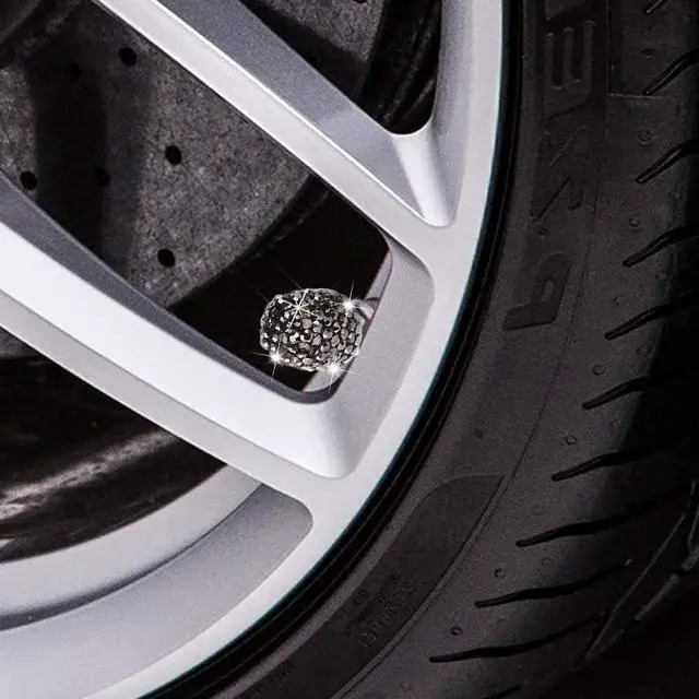 Alt view image 5 of 5 - Valve Stem Caps, 4 Pack Handmade Black Crystal Rhinestone Universal Car Tire Valve Caps Chrome,Attractive Dustproof Bling Car Accessories - Black Diamond