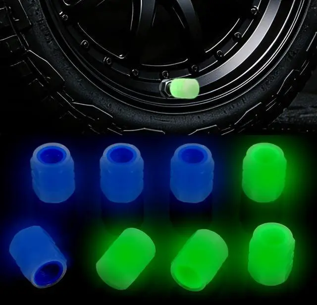 Main image of 8PCS Glow-in-the-Dark Tire Valve Stem Caps for Cars, Bikes, Blue/Green | Universal 8mm fit, airtight plastic insert, hand-tight thread design, for cars, trucks, motorcycles and bicycles
