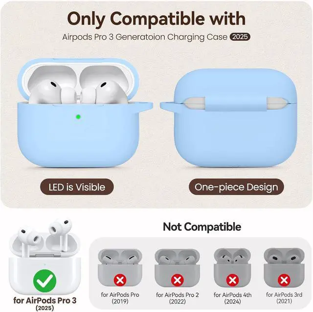 Alt view image 2 of 7 - for AirPods Pro 3 Case (2025),Soft Silicone Protective Cover Compatible with Apple AirPods Pro 3rd Generation Case with Cleaning Kit for Women Men,Air pods Pro Cases with Keychain,Sky Blue