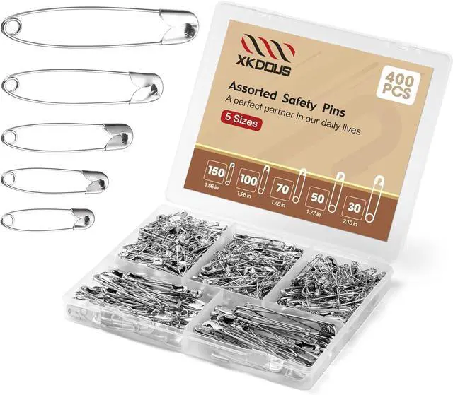Main image of XKDOUS 400 Pack Safety Pins, 5 Universal Sizes Heavy Duty Pins for Clothes | Small & Large Safety Pin Bulk, Silver Sharp Edge Fasteners for Clothing, Dress, Crafting