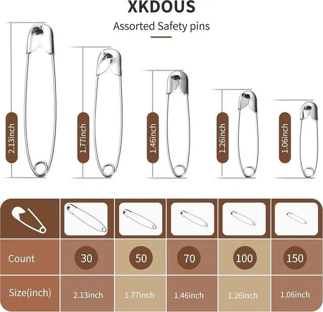Alt view image 2 of 7 - XKDOUS 400 Pack Safety Pins, 5 Universal Sizes Heavy Duty Pins for Clothes | Small & Large Safety Pin Bulk, Silver Sharp Edge Fasteners for Clothing, Dress, Crafting