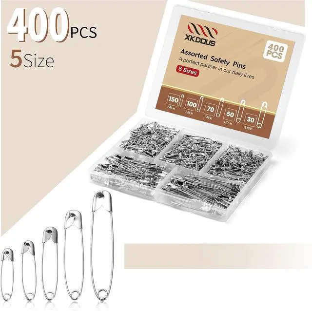 Alt view image 3 of 7 - XKDOUS 400 Pack Safety Pins, 5 Universal Sizes Heavy Duty Pins for Clothes | Small & Large Safety Pin Bulk, Silver Sharp Edge Fasteners for Clothing, Dress, Crafting