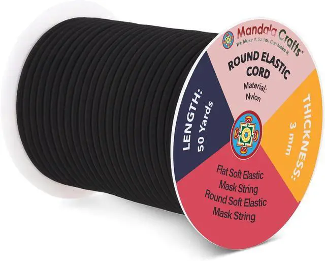 Main image of Mandala Crafts 1/8 Inch Black Round Elastic Strings for Masks Ear Loops | 3mm, 50 Yards, Latex Free, Soft, Comfortable, Machine Washable, Stretchy Cord for Sewing, Jewelry Making, DIY Crafts