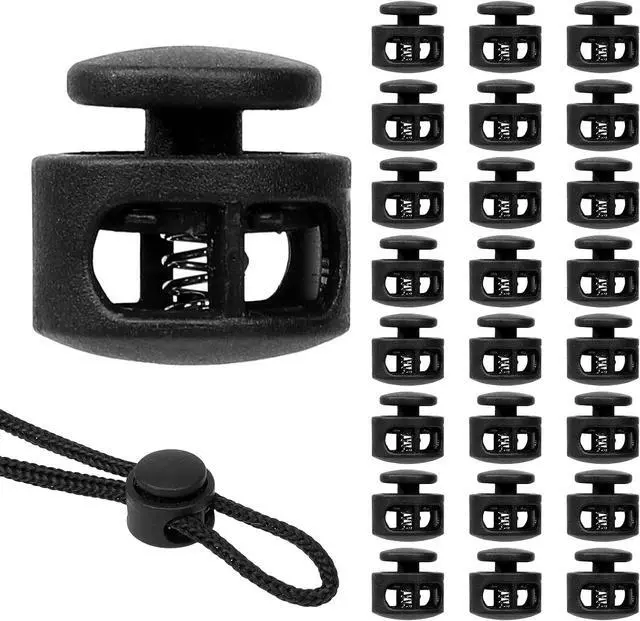 Main image of Giantree 24 Pack Spring Cord Lock, Double Hole Drawstring Stopper Fastener, Black Plastic Spring Cord Locks, for Drawstring Sweatpants Hat Hoodie String Clip Elastic Shoelace Lock Swim Goggles (24)