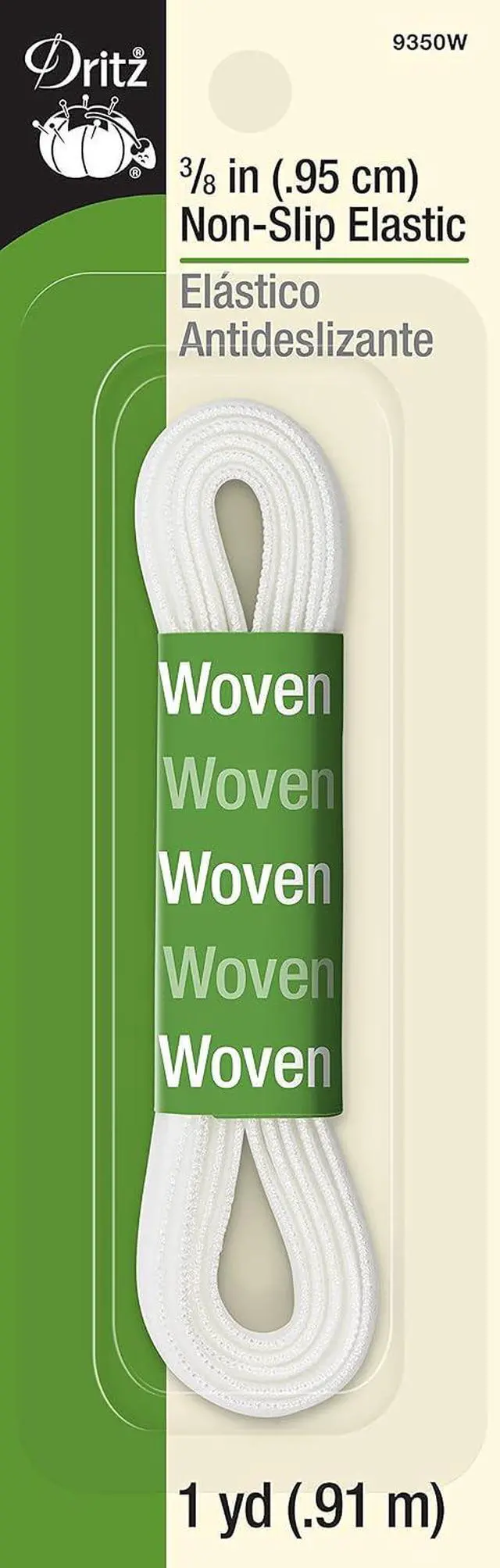 Main image of Dritz 9350W Plush-Back Non-Slip Woven Elastic, White, 3/8-Inch by 1-Yard