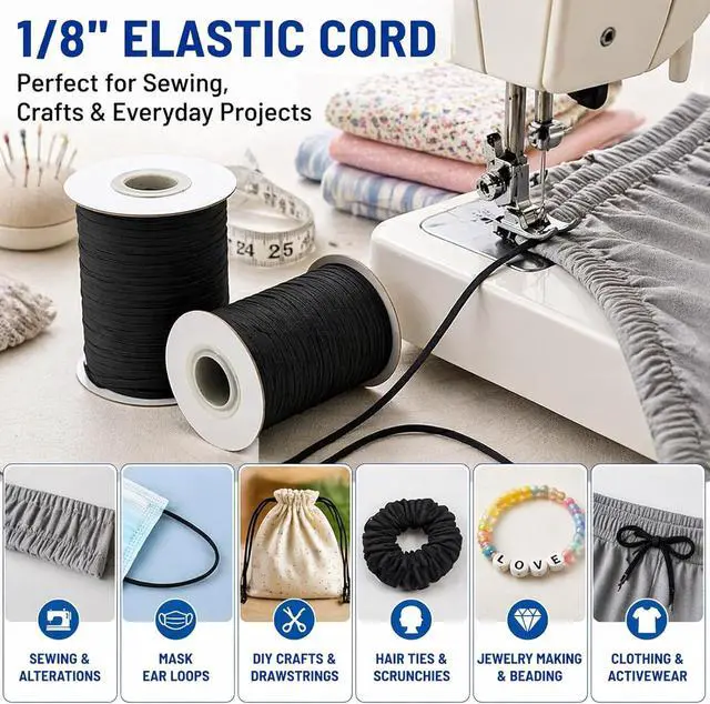 Alt view image 3 of 7 - Lydia's Deal Elastic Cord 1/8 Inch (3MM) x 50 Yards Black, Stretch Elastic String for Sewing, Crafts, Jewelry, Beading, Mask Ear Loop, Strong & Soft Elastic Roll