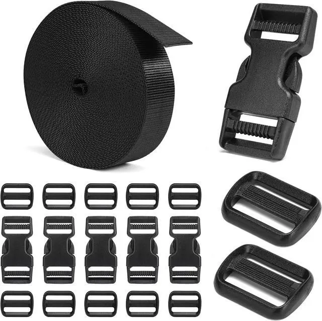 Main image of BEYOURD Buckles and Straps Set 1": 6 Yards of Thick Nylon Webbing, 6-Pack Heavy Duty Adjustable Quick Side Release Plastic Buckles, 12 Tri-Glide Slide Clips, Black (1-Inch Combo Set)