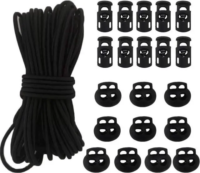 Main image of 20pcs Plastic Cord Locks with 1/8-Inch 50ft Elastic Cord Heavy Stretch Round String, 10Pcs Sing-Hole, 10pcs Double-Hole Spring Toggle Stopper Slider Black (3mm-Black)