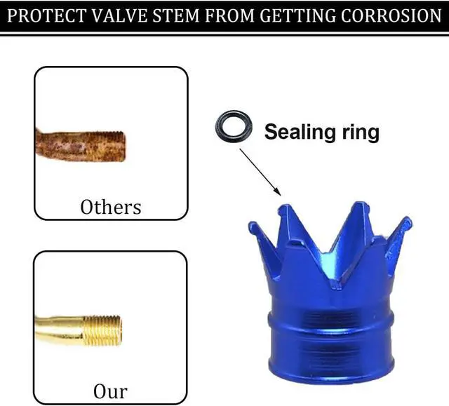Alt view image 3 of 7 - Senzeal 4PCS Crown Car Tire Valve Stem Caps Aluminum Alloy Air Caps Cover Dust Proof Tire Wheel Stem Caps Stem Covers Universal for Cars Bicycle Trucks Motorcycles Car Accessories (Blue)