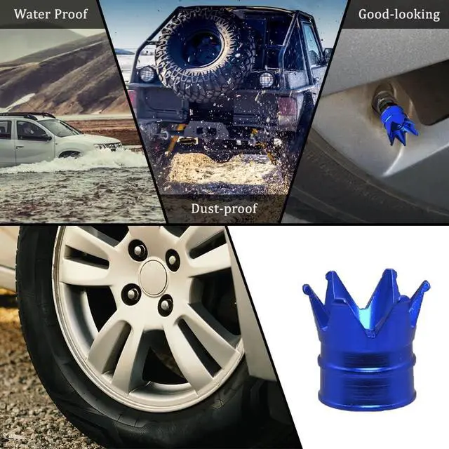 Alt view image 7 of 7 - Senzeal 4PCS Crown Car Tire Valve Stem Caps Aluminum Alloy Air Caps Cover Dust Proof Tire Wheel Stem Caps Stem Covers Universal for Cars Bicycle Trucks Motorcycles Car Accessories (Blue)