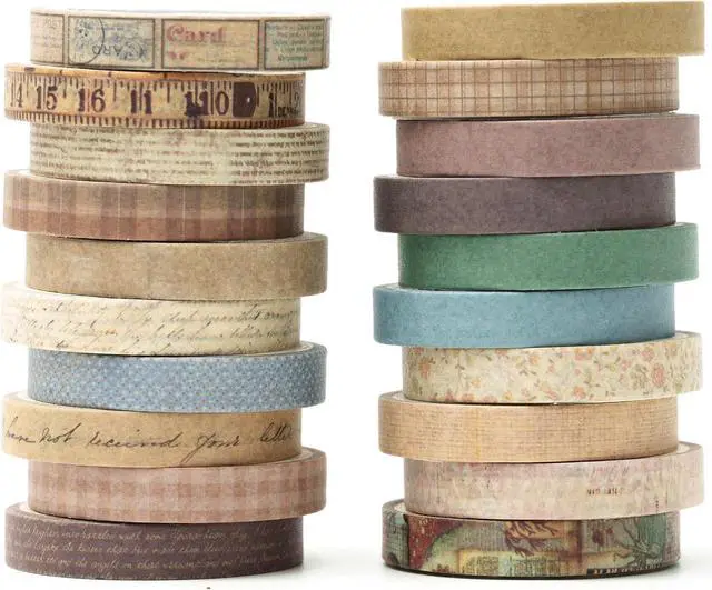 Main image of Vintage Washi Tape Set 20 Rolls Skinny Retro Decorative Antique Patterns Masking Tapes for Arts, DIY Crafts, Journals, Planners, Scrapbook, Wrapping (Vintage)