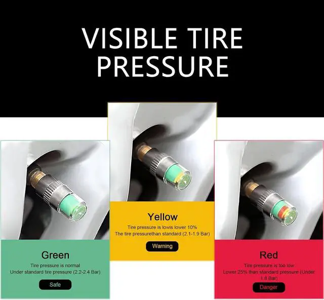 Alt view image 3 of 7 - 4 PCS Car Tire Pressure Monitor Valve Stem Caps, 3 Color Eye Alert Tire Pressure Monitor Sensor Indicator, 2.4 Bar 36PSI Pressure Monitor Tire Valve Stem Caps, Universal for Most Cars