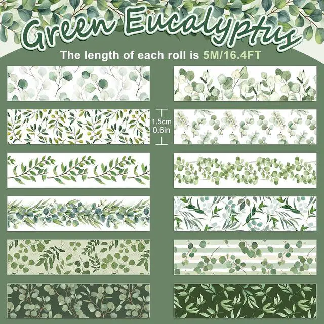 Alt view image 2 of 7 - Whaline 12 Rolls Greenery Washi Tapes Watercolor Plants Eucalyptus Masking Tape 15mm Green Leaves Decorative Tape Stickers for Scrapbook Journal Planner DIY Craft Gift Wrapping, 16.4ft