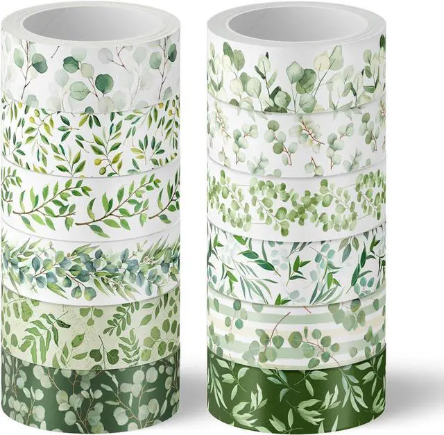 Main image of Whaline 12 Rolls Greenery Washi Tapes Watercolor Plants Eucalyptus Masking Tape 15mm Green Leaves Decorative Tape Stickers for Scrapbook Journal Planner DIY Craft Gift Wrapping, 16.4ft