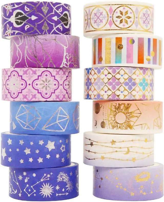 Main image of YUBBAEX Galaxy Washi Tape Set Purple Stars Decorative Tapes Silver Gold Foil Masking for Arts, DIY Crafts, Journal Supplies, Planners, Scrapbook, Gift Wrapping (Purple Night 12 Rolls)