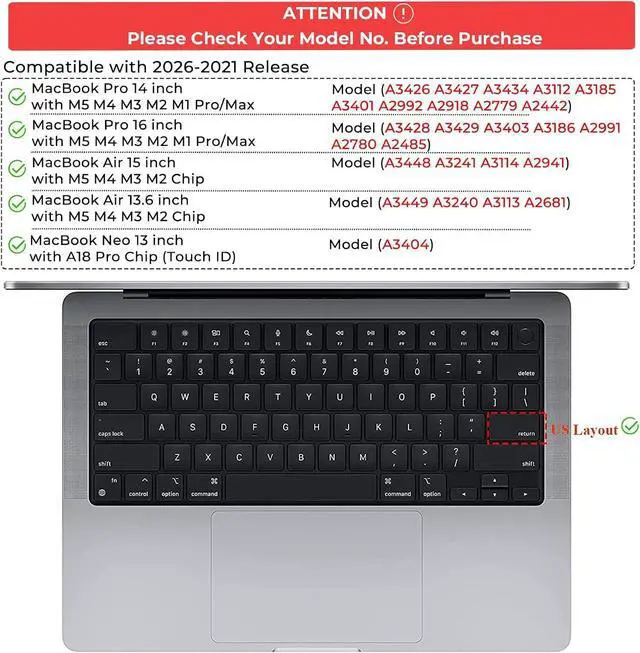 Alt view image 6 of 7 - EooCoo Keyboard Cover Skin for MacBook Neo, Pro 14/16, Air 13/15, Clear | Invisible, Anti Fingerprints & Dust, for 2026-2021 M5-M1 Pro/Max MacBook Pro 14/16, M5-M2 MacBook Air 13/15, MacBook Neo 13