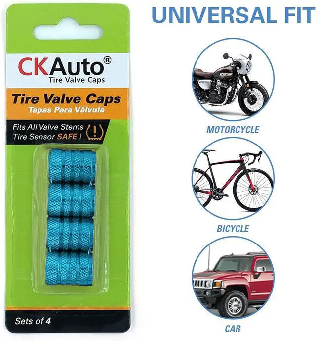 Alt view image 5 of 6 - CKAuto Tire Valve Stem Caps, Aluminum Cyan, 4 Pcs/Pack | Corrosion Resistant, Universal Stem Covers for Cars Trucks Motorcycles SUVs and Bikes