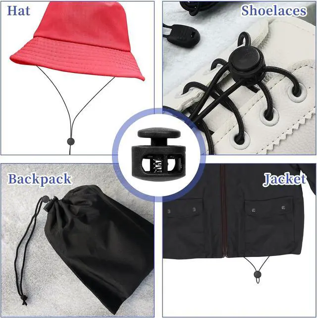 Alt view image 7 of 7 - Giantree 24 Pack Spring Cord Lock, Double Hole Drawstring Stopper Fastener, Black Plastic Spring Cord Locks, for Drawstring Sweatpants Hat Hoodie String Clip Elastic Shoelace Lock Swim Goggles (24)