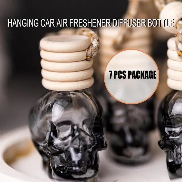 Alt view image 2 of 7 - 7 Pcs 8ml Hanging Car Air Freshener Diffuser,Empty Black Gradient Glass Essential Diffuser Oil Aromatherapy Fragrance Perfume Pendant Glass Vials with Wooden Caps (Skull, 8ml)