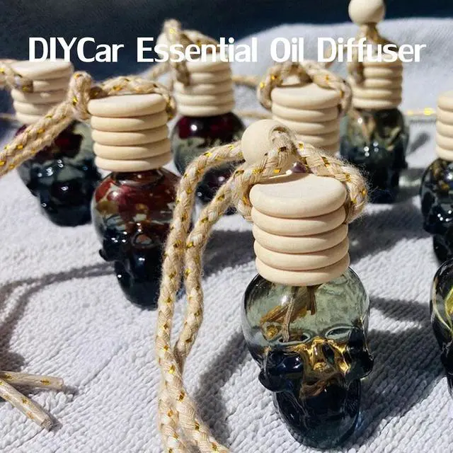 Alt view image 6 of 7 - 7 Pcs 8ml Hanging Car Air Freshener Diffuser,Empty Black Gradient Glass Essential Diffuser Oil Aromatherapy Fragrance Perfume Pendant Glass Vials with Wooden Caps (Skull, 8ml)