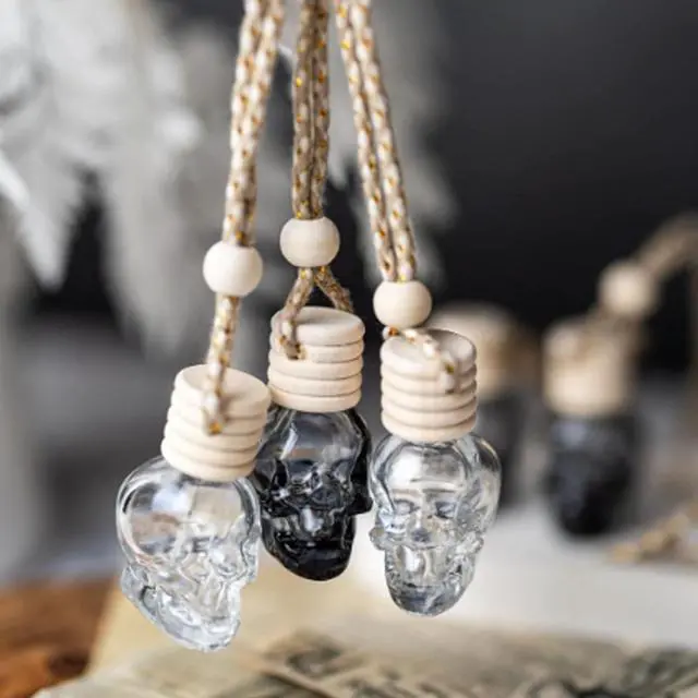 Alt view image 7 of 7 - 7 Pcs 8ml Hanging Car Air Freshener Diffuser,Empty Black Gradient Glass Essential Diffuser Oil Aromatherapy Fragrance Perfume Pendant Glass Vials with Wooden Caps (Skull, 8ml)