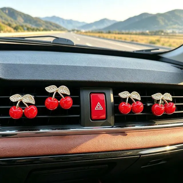 Alt view image 2 of 7 - 4 Pack Cute Red Cherry Car Air Vent Diffuser with Replaceable Refills, Clip-On Car Air Freshener, Auto AC Vent Decor Accessories, Aromatherapy Ornament Gift for Women