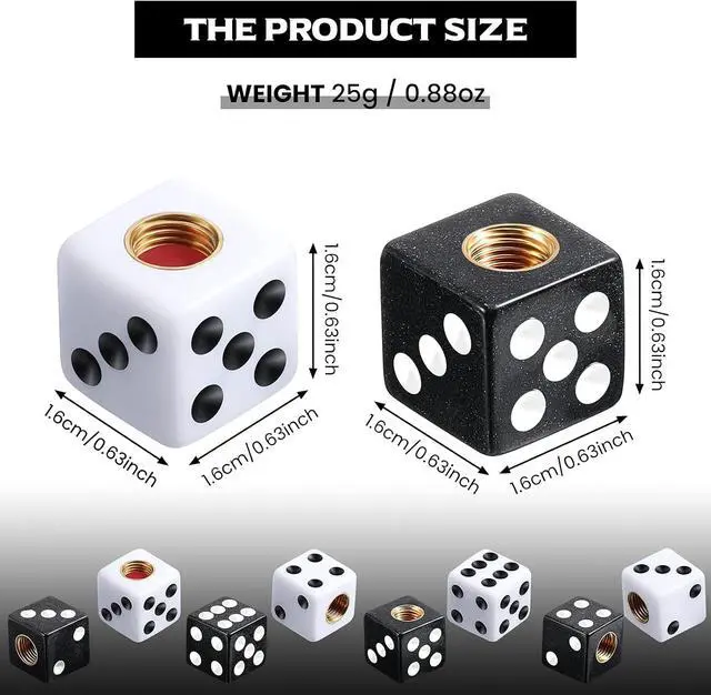 Alt view image 2 of 7 - Frienda 8 Pcs Dice Tire Valve Stem Caps, 4 White and 4 Black Dice Style air Valve Caps, Universal ABS Copper Tire Valve Stem Covers for Cars, SUV, Trucks, Bikes, Motorcycles, Bicycles