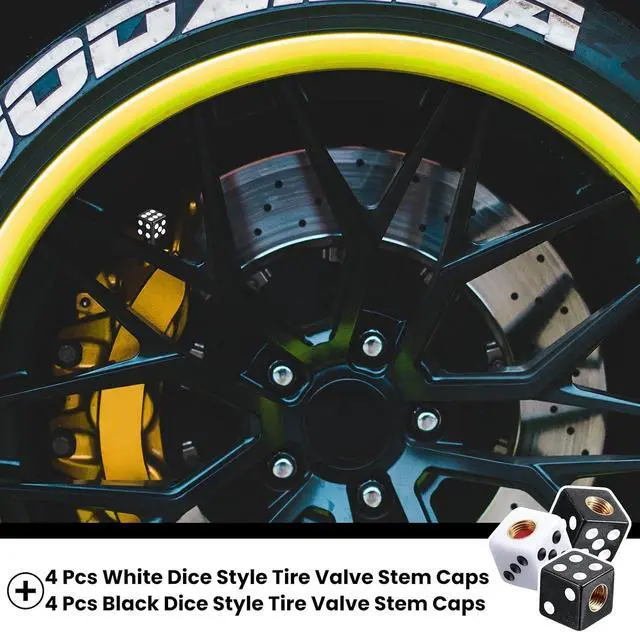 Alt view image 7 of 7 - Frienda 8 Pcs Dice Tire Valve Stem Caps, 4 White and 4 Black Dice Style air Valve Caps, Universal ABS Copper Tire Valve Stem Covers for Cars, SUV, Trucks, Bikes, Motorcycles, Bicycles