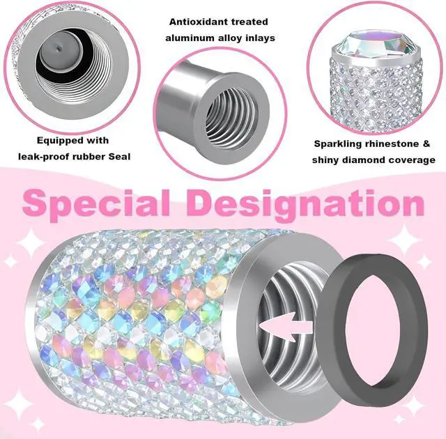 Alt view image 2 of 7 - 4Pcs Car Tire Valve Stem Caps Colorful Bling Car Accessories Tire Air Cap | Universal Stem Covers, Anodized Aluminum Tires Valve Cap with O Rubber Ring, Crystal Diamond for Women