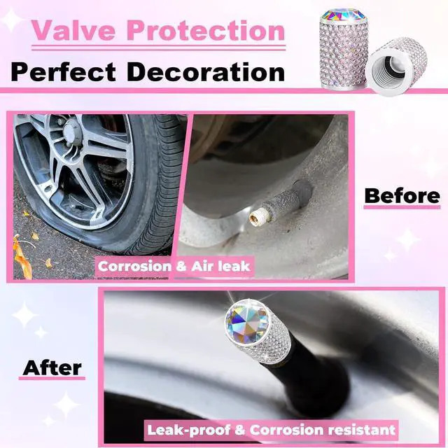 Alt view image 5 of 7 - 4Pcs Car Tire Valve Stem Caps Colorful Bling Car Accessories Tire Air Cap | Universal Stem Covers, Anodized Aluminum Tires Valve Cap with O Rubber Ring, Crystal Diamond for Women