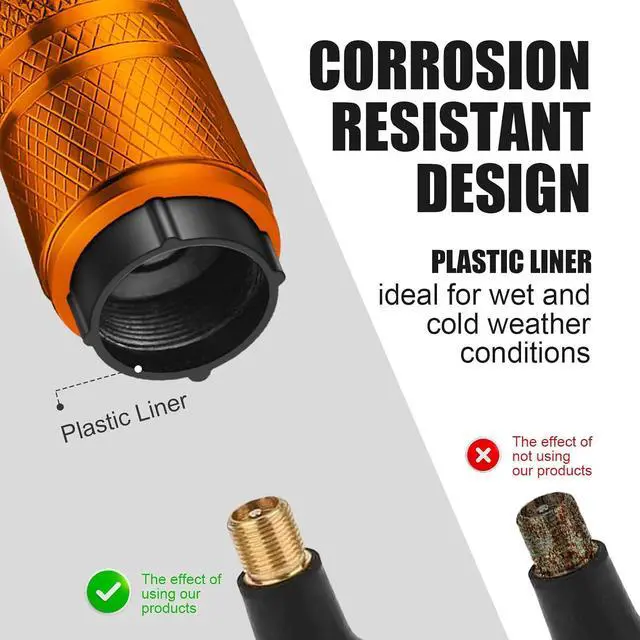 Alt view image 2 of 6 - DESOUL Tire Valve Stem Caps Corrosion Resistant (4 Pack) - Orange | Aluminum Air Caps with Plastic Liner | Leak-Proof | Universal Fit for Cars, Trucks, Motorcycles