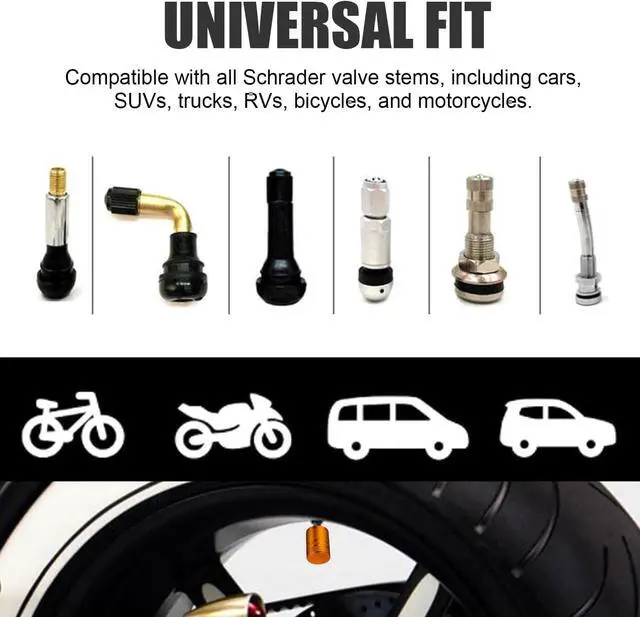 Alt view image 5 of 6 - DESOUL Tire Valve Stem Caps Corrosion Resistant (4 Pack) - Orange | Aluminum Air Caps with Plastic Liner | Leak-Proof | Universal Fit for Cars, Trucks, Motorcycles