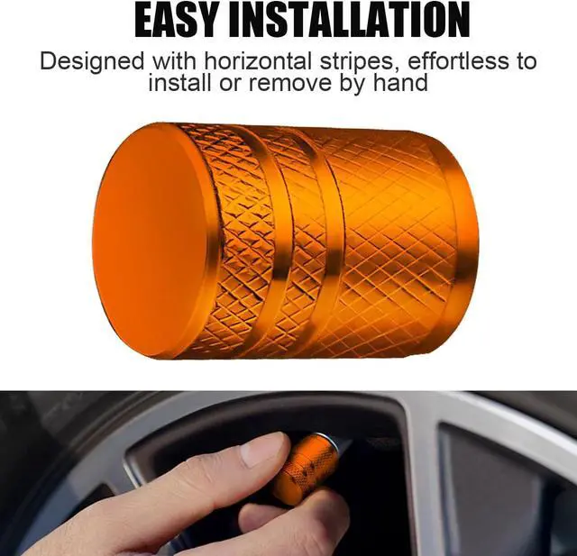 Alt view image 4 of 6 - DESOUL Tire Valve Stem Caps Corrosion Resistant (4 Pack) - Orange | Aluminum Air Caps with Plastic Liner | Leak-Proof | Universal Fit for Cars, Trucks, Motorcycles