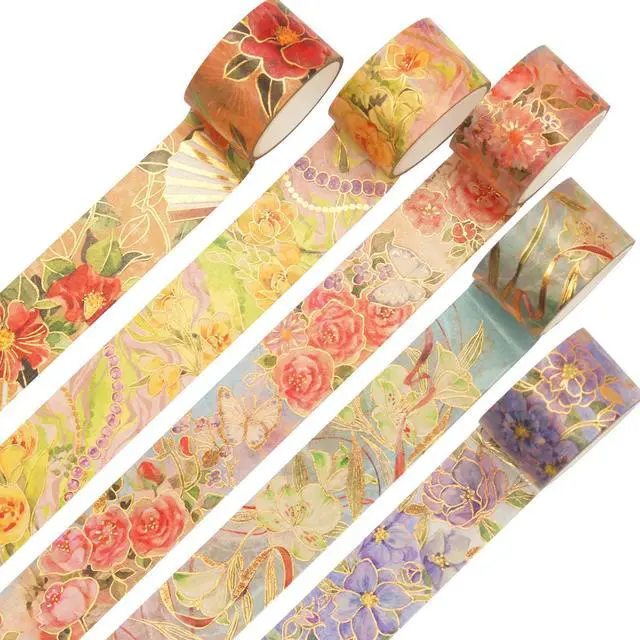 Main image of YUBBAEX Blooming Washi Tape Set Gold Foil Masking Tape Peony Wide Decorative for Arts, DIY Crafts, Journal Supplies, Planners, Scrapbook, Card/Gift Wrapping -25mm- (Red Flowers)