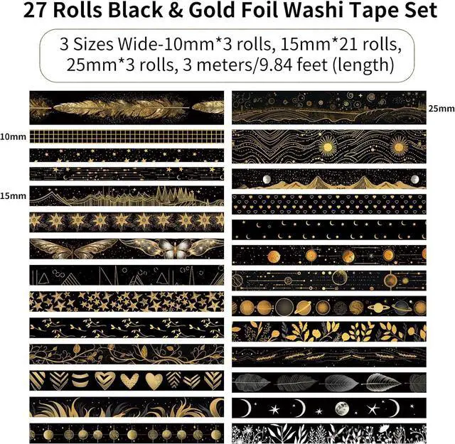 Alt view image 2 of 7 - NANYNNU Black Washi Tape Set, 27 Rolls Black Gold Foil Decorative Masking Tape for Bullet Journaling, Scrapbooking Supplies, Watercolor Painting
